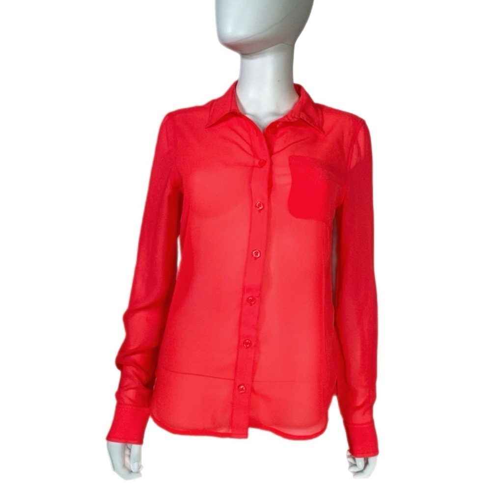 American Eagle Women’s Neon Coral Sheer Long Sleeve Button Down Blouse